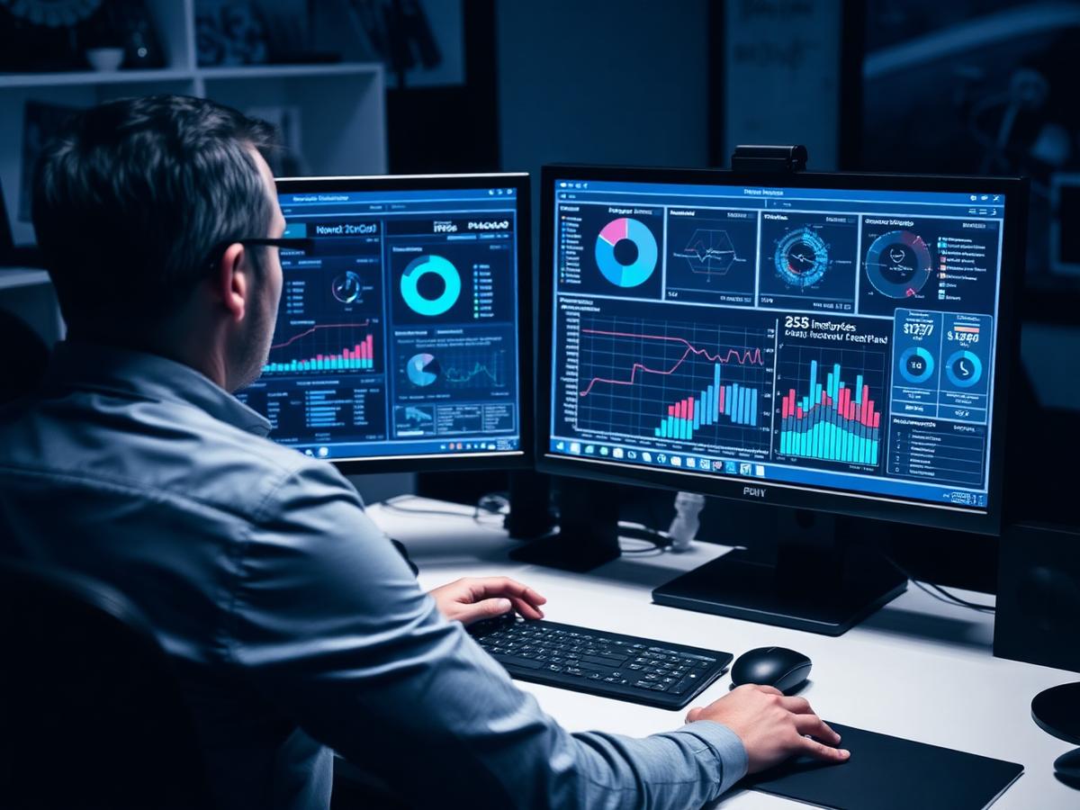 Consultant reviewing IT inventory dashboards on dual monitors